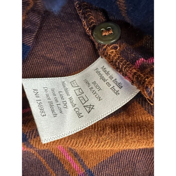 Evereve Plaid Button Front Blouse Womens Large Blue Orange Rayon Long Sleeve - Picture 10 of 10